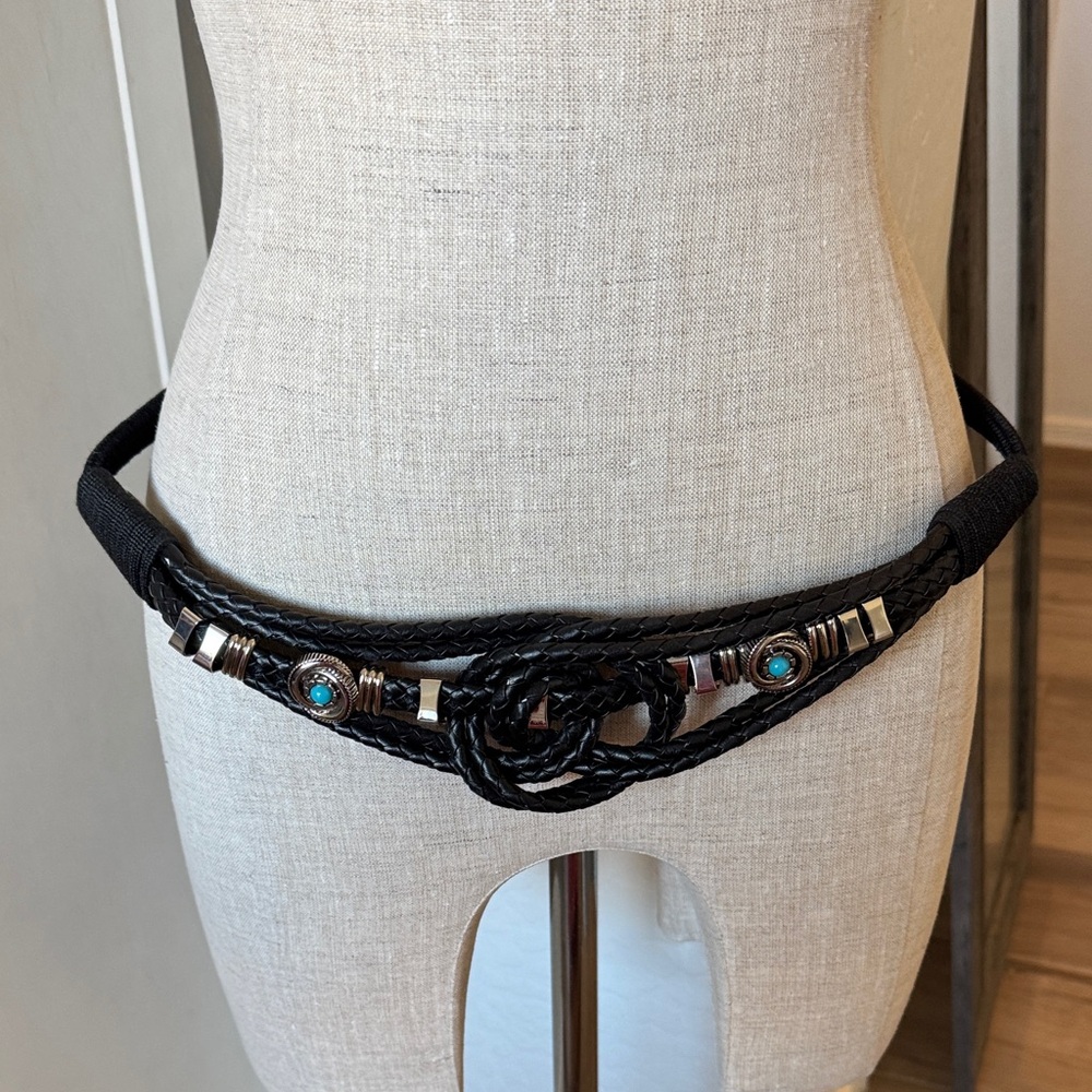 Black Braided Leather Western-Inspired Waist Belt with Turquoise Accents